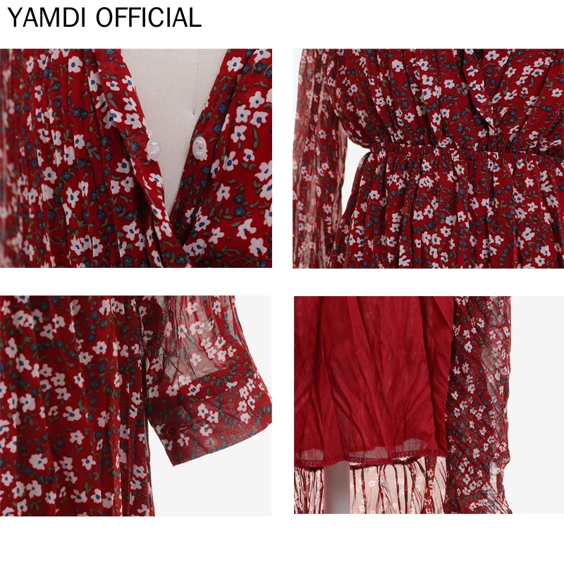 

YAMDI women vintage polka dot print floral bohemian v neck a-line dresses female chic runway chiffon long sleeve dress 2019 new