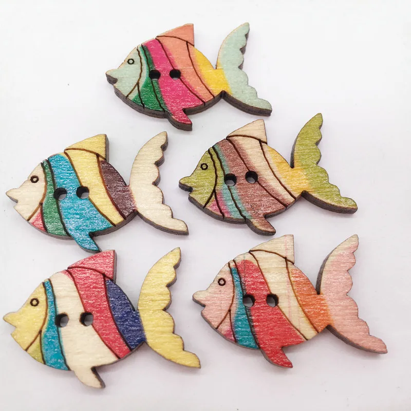 50 таблеток/упаковка 26 мм крашеные маленькие рыбки Деревянные Пуговицы детские DIY