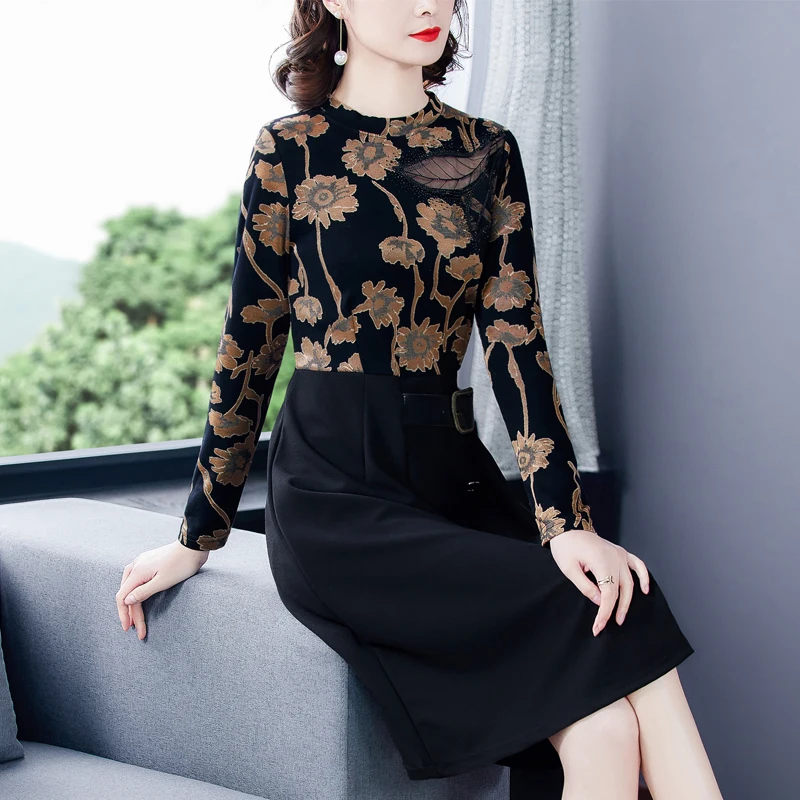 

Floral Black Office Lady Sequins Dress 2021 Spring Autumn Vintage Hollow Out Sexy Midi Dress Women Slim Elegant Party Vestidos