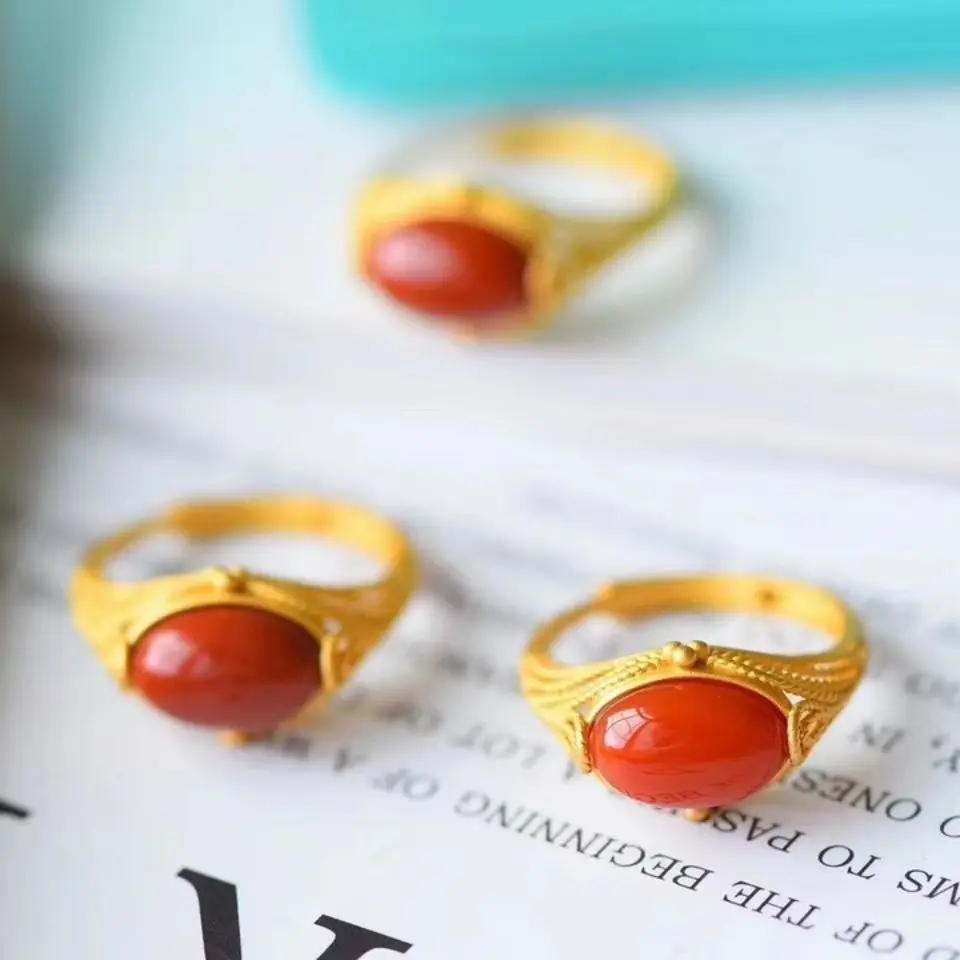 

Newsilver palace style inlaid oval natural southern red agate advanced craft hollow light luxury opening adjustable women's ring