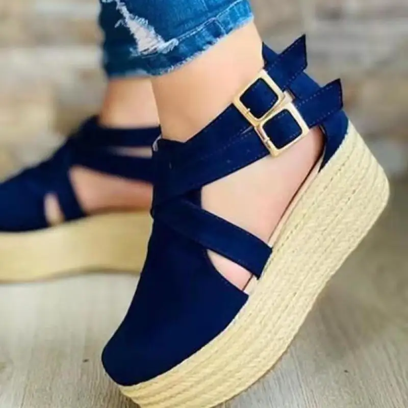 Босоножки женские на танкетке винтажные соломенные туфли толстой платформе с