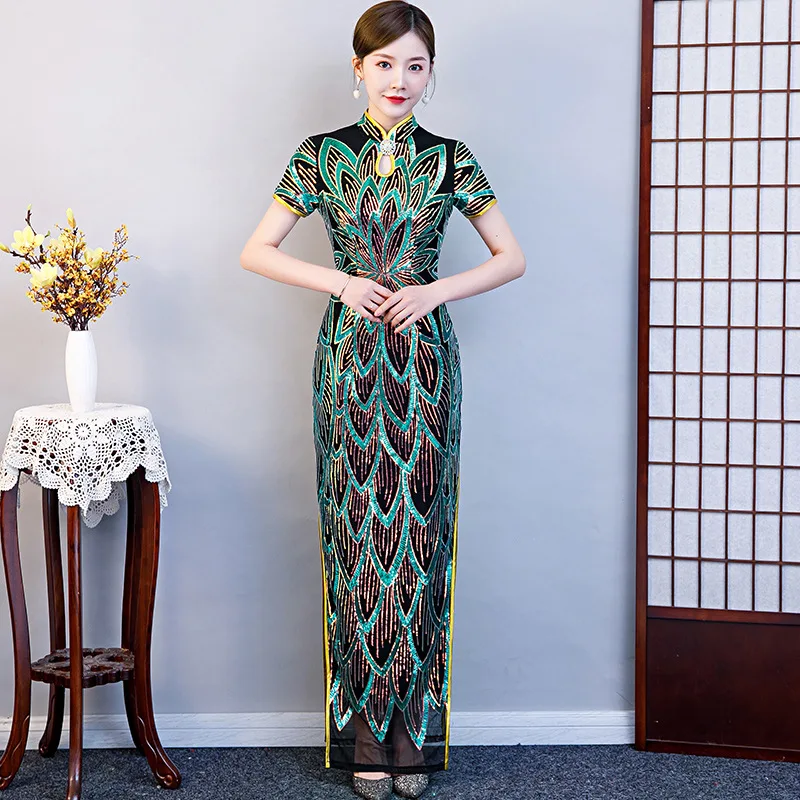 

Oversize 5xl Sexy Sequin Flower Improved Cheongsam Women Slim Qipao Elegant Evening Party Dress Short Sleeve Catwalk Costume