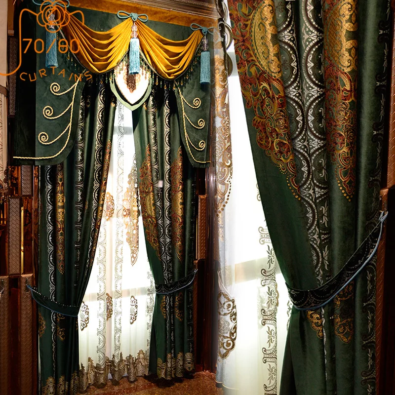 Green European-style High-end Gold Pattern Thick Blackout Curtains for Living Room Bedroom Gauze Curtain Custom Valance