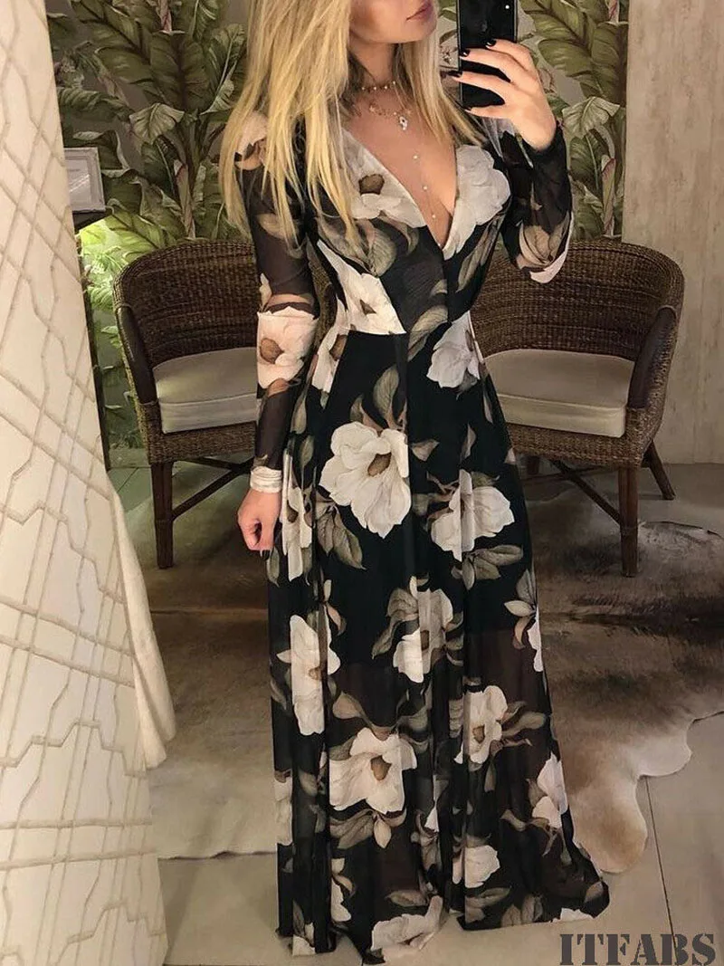 Женское шифоновое платье в стиле бохо длинное летнее макси с цветочным рисунком
