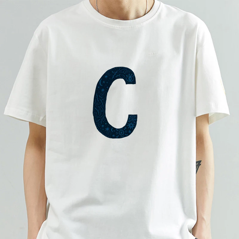 

Abcdefghijklmnabc Men Summer T-shirt Loose Letter C Blue Round Neck Short Sleeve Solid White Color Casual Cotton T-shirt