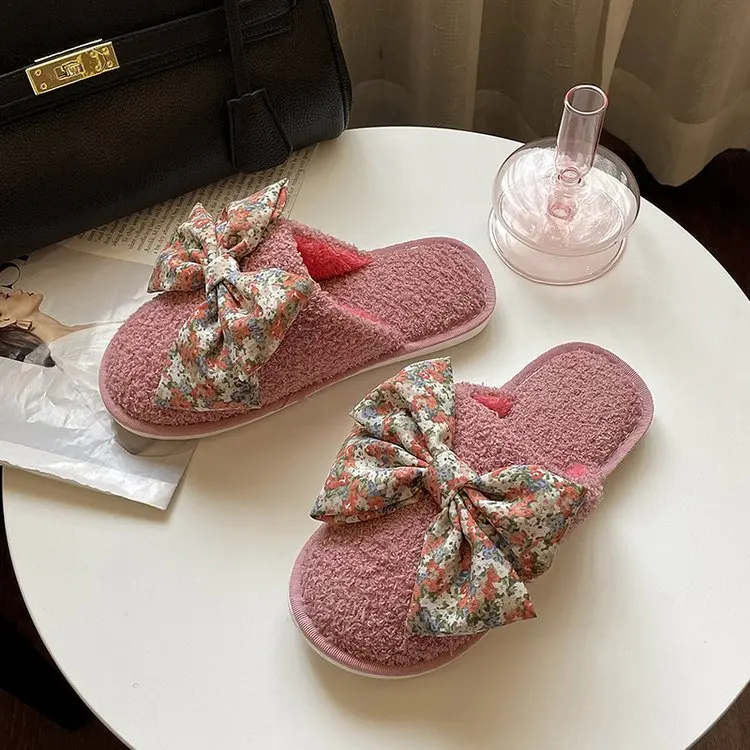New Autumn and Winter Household Ladies Cotton Slippers Cute Bow Decoration Comfortable Slippers Female Furry Slippers Female