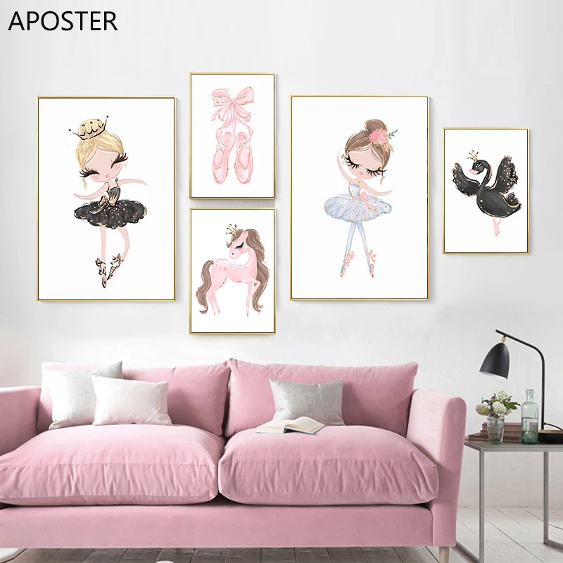 

Nordic Ballet Princess Baby Nursery Poster Unicorn Wall Art Canvas Painting Swan Wall Pictures For Children Kid Girl Room Decor