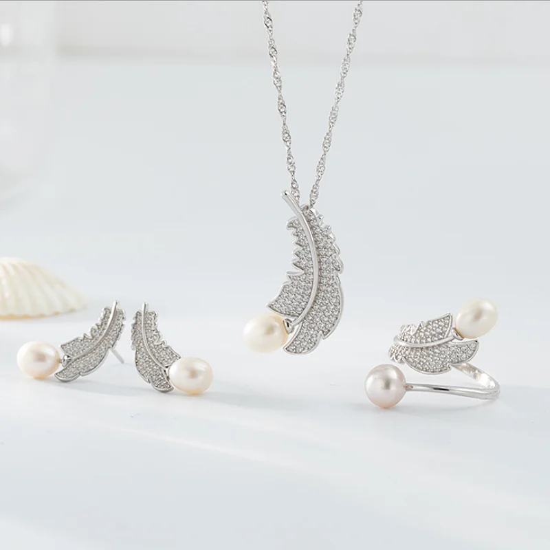 

MeiBaPJ Real 925 Sterling Silver Freshwater Pearl Jewelry Set Feather Necklace Earrings Ring 3 Pieces Suit Fine Wedding Jewelry