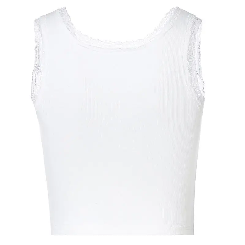 

Summer new all-match short cropped T-shirt female butterfly fairy print camisole cartoon print lace trim white top cute slim top