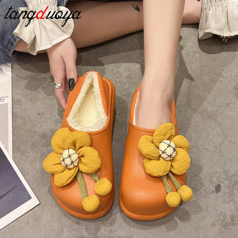 

flower Winter Slippers Warm women Shoes Waterproof slippers Non-Slip Plush Cotton Indoor Outdoor Cozy Home Autumn Thick Heel