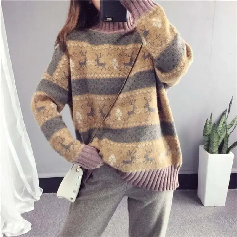 Female Christmas Deer Loose Sweater Pullovers 2019 Winter Striped Long Sleeve Thick Warm Jacquard | Женская одежда