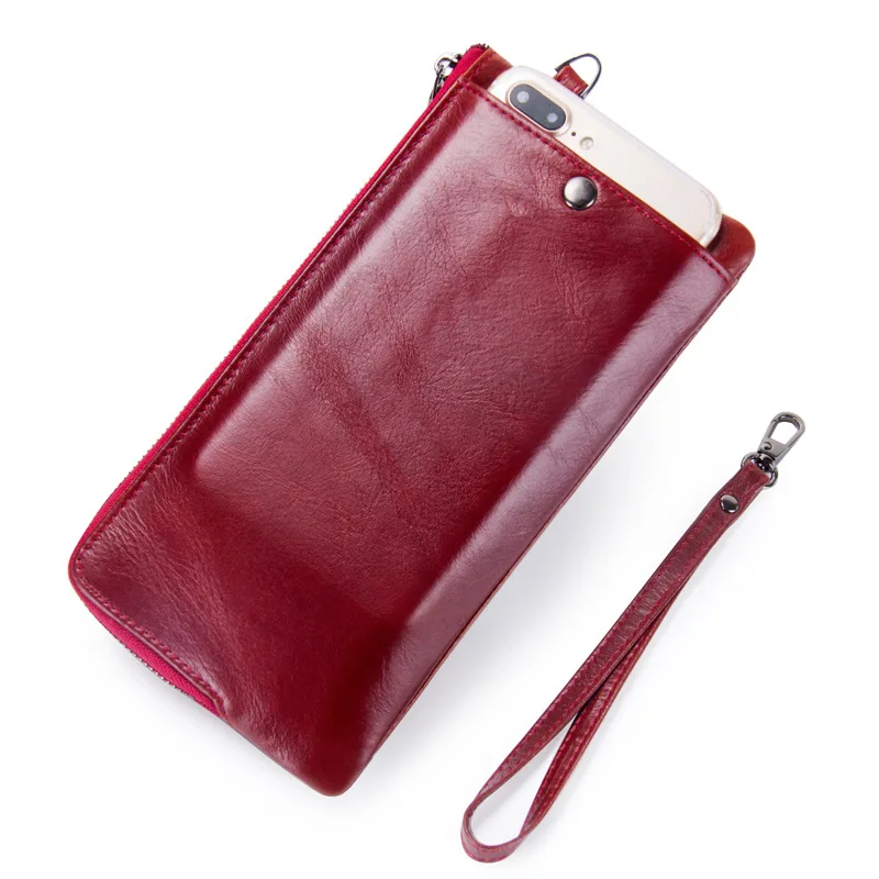 Anti-theft brushed leather ladies wallet with wrist strap casual female clutch