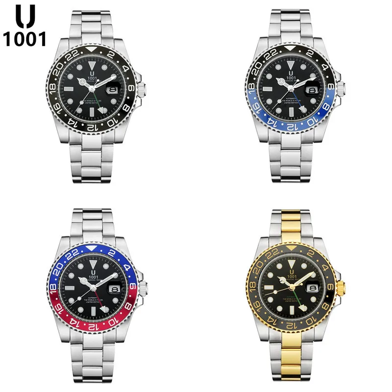 U 1001 брендовые Роскошные GMT с керамическим ободком Мужские механические часы из