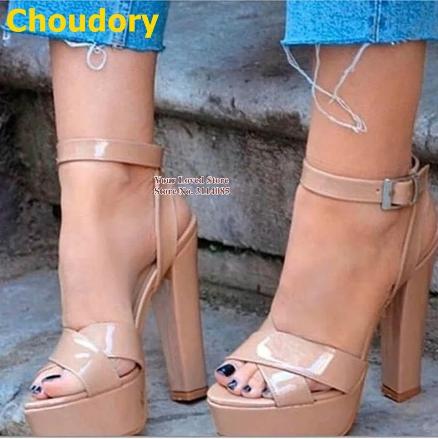 

Choudory Toq Quality Platform Cross Strappy Sandals Square Heel Buckle Strap Nice Dress Shoes Plus Size Gladiator Banquet Pumps