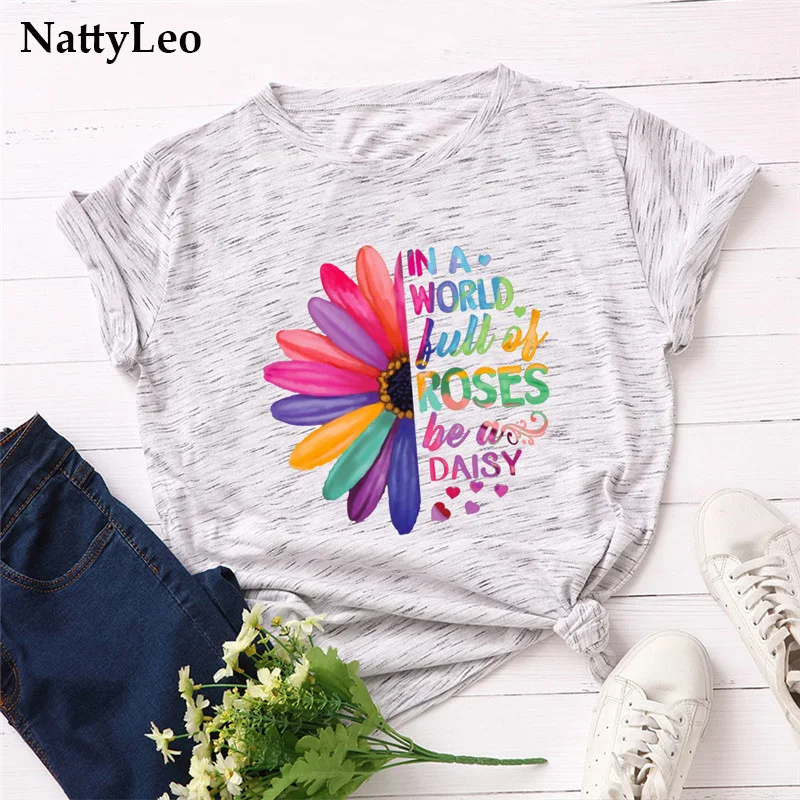 Футболка женская с принтом маргариток 100% хлопок топ круглым вырезом и коротким