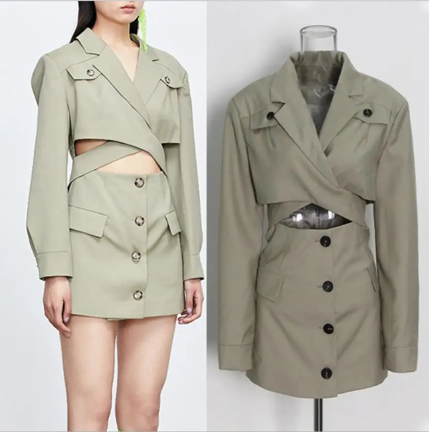 

2021 New Autumn Fashion Suit Dress Office Lady Long Sleeves Turn Down Neck Buttons Hollow Out Casual Straight Party Dresses