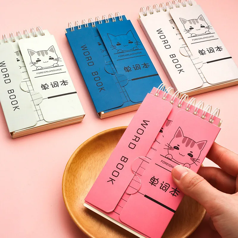 

4 Pcs Creative Stationery Notepad English Word Coil Book Cartoon Cat Vocabulary Travel Diary Notebook Hand Memo Book