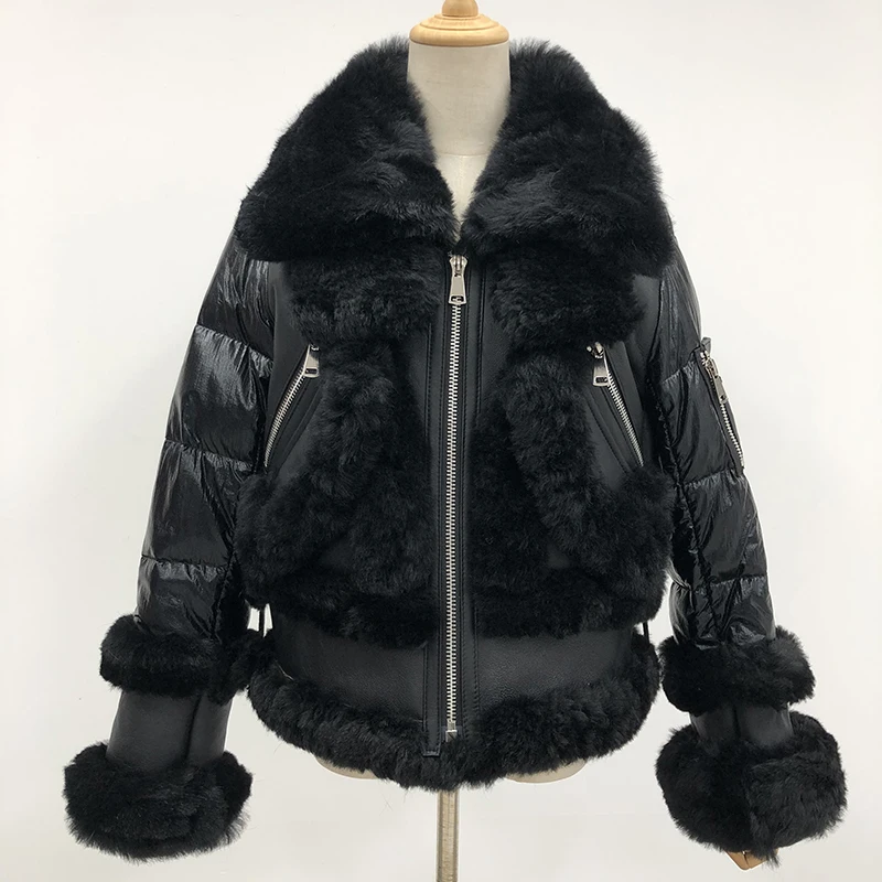 

Winter Coat For Women New Style Fashion Black Puffer Duck Down Jacket With Genuine Leather Shearling MJF-DJ-01