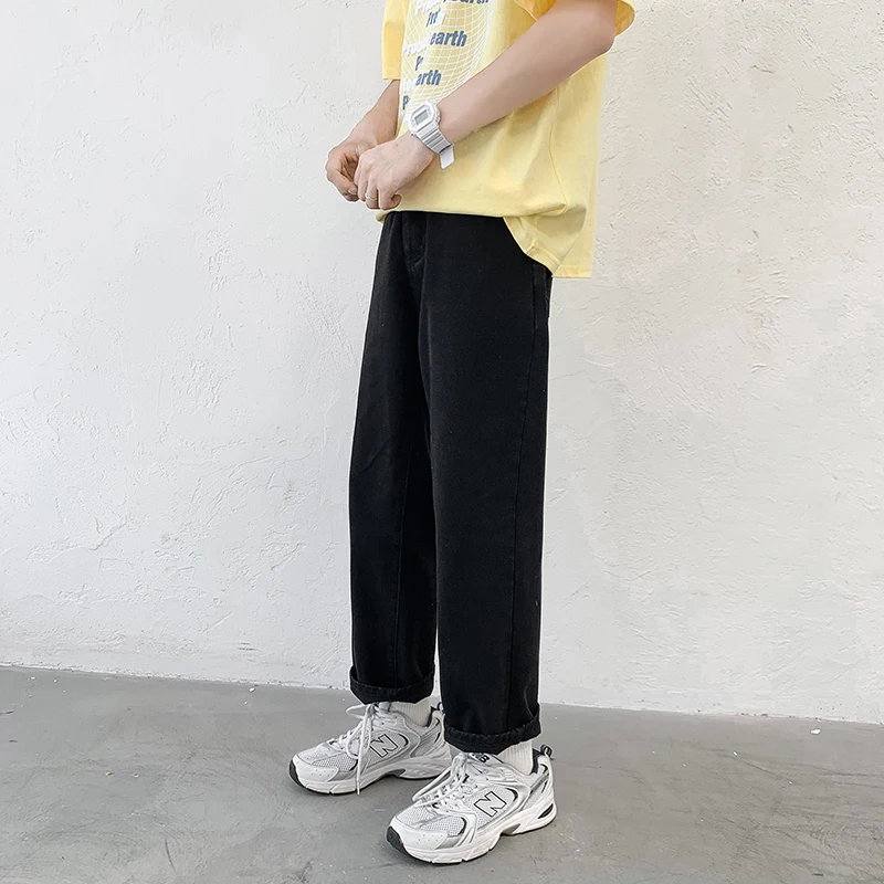 Summer Straight Jeans Men's Fashion Black Beige Biker Jeans Men Streetwear Loose Hip-hop Wide Leg Denim Trousers Mens M-2XL