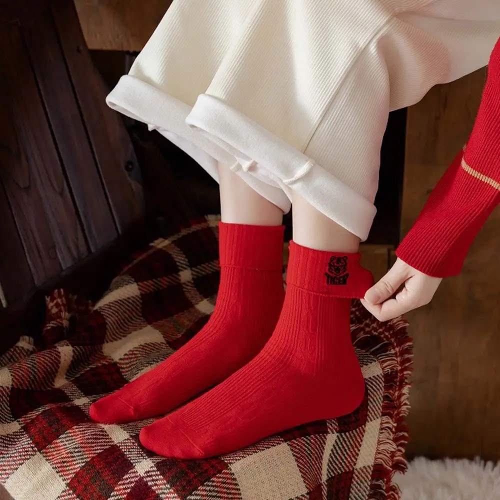 

New Year Gift Stripe Embroidery Tiger Lattice Female Cotton Women Stockings Hosiery Natal Year Socks Middle Tube Socks
