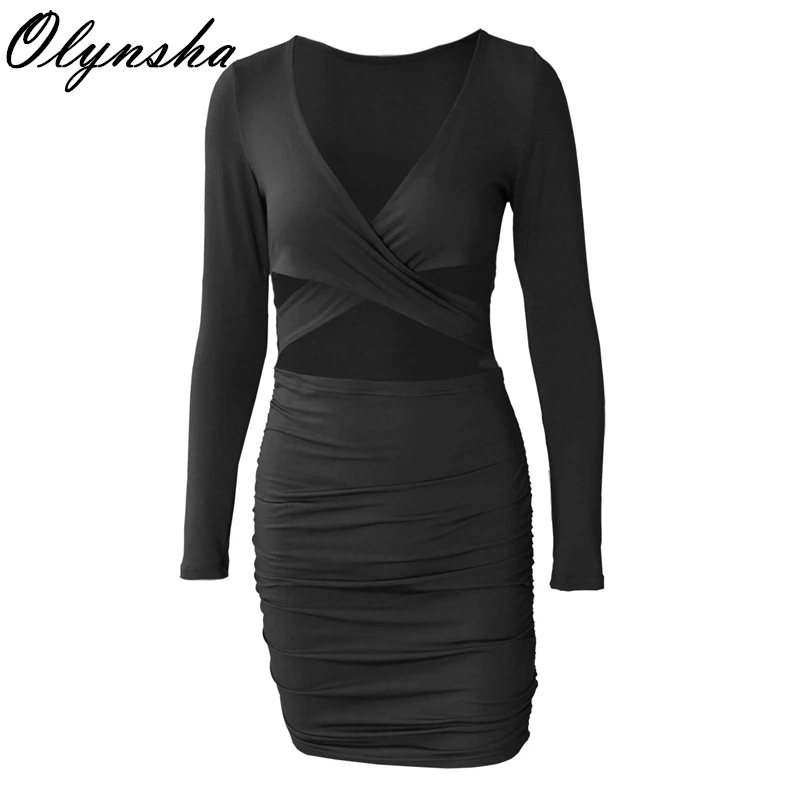 

Hollow Out Sexy Dress Woman Long Sleeve Ruched Bodycon Dresses 2020 Autumn Winter V Neck Mini Dresses for Christmas Party Solid