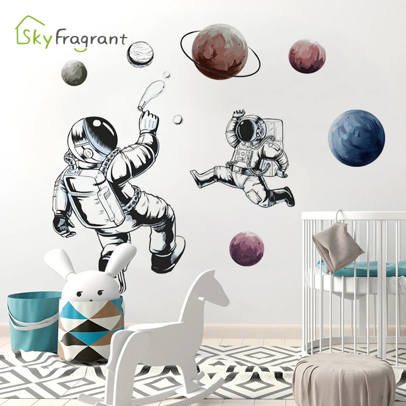Cartoon Wall Sticker Astronaut Space Planet Boys Bedroom Decoration Living Room Decor Self-adhesive Stickers Home | Дом и сад
