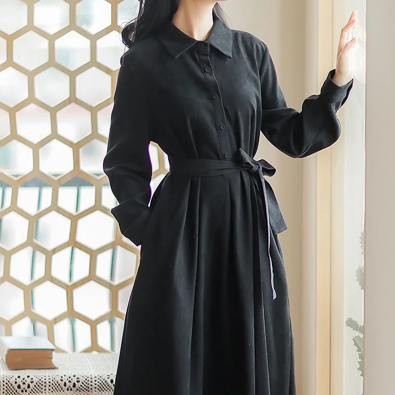 

QWEEK Mori Black Dress Women Preppy Style Sweet Polo Collar Wrap Long Sleeve Midi Dress Fairy Princess Robes Female Kpop 2022