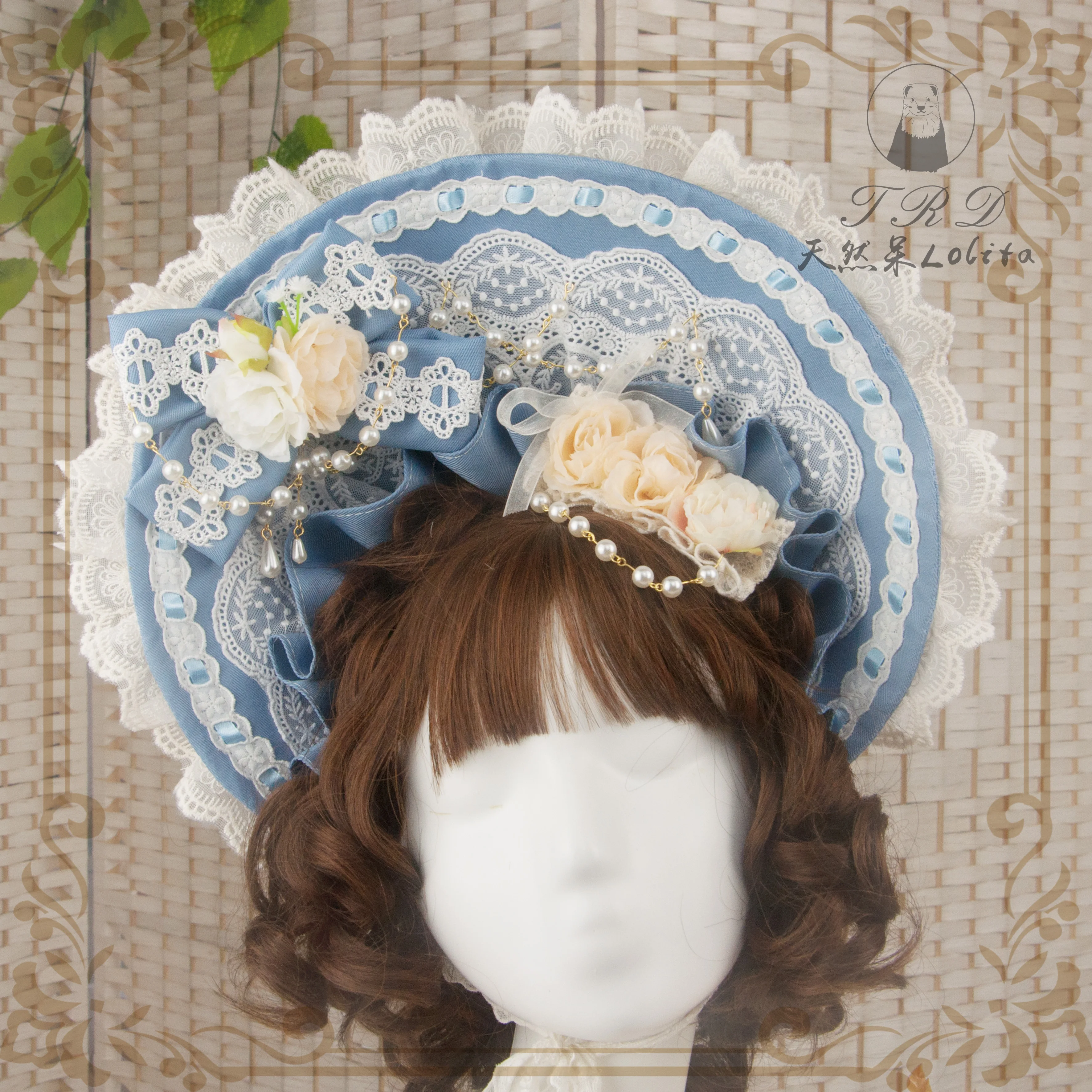 

Grey Blue Handmade Lolita Bonnet BNT Gorgeous Tea Party Beautiful Lace Bow Flower Pearl Chain BB Hat Cosplay Headwear