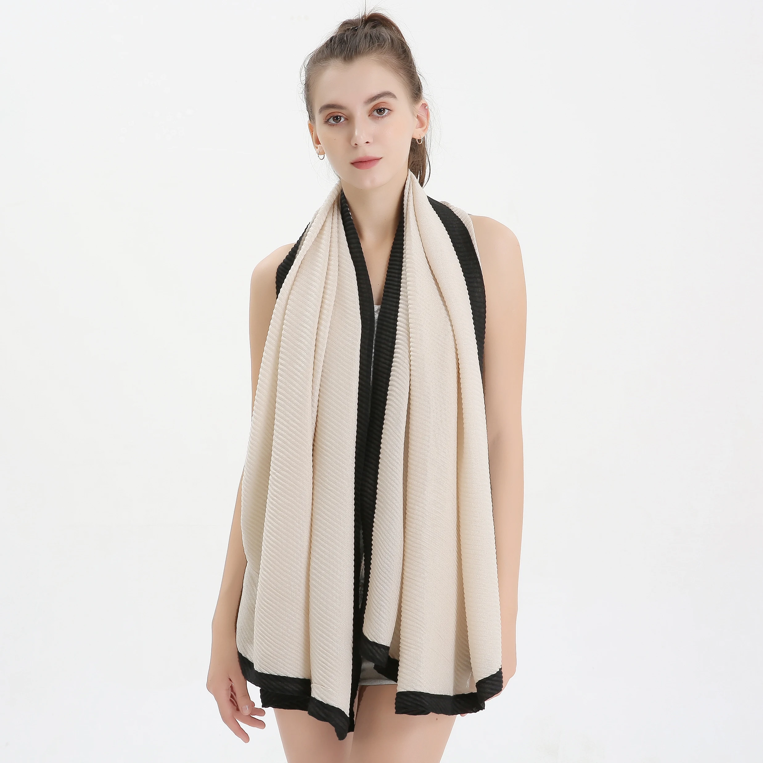 

New autumn and winter wrinkled edging scarf, thickened warmth, cotton and linen crimped scarf shawl, Korean female solid color b