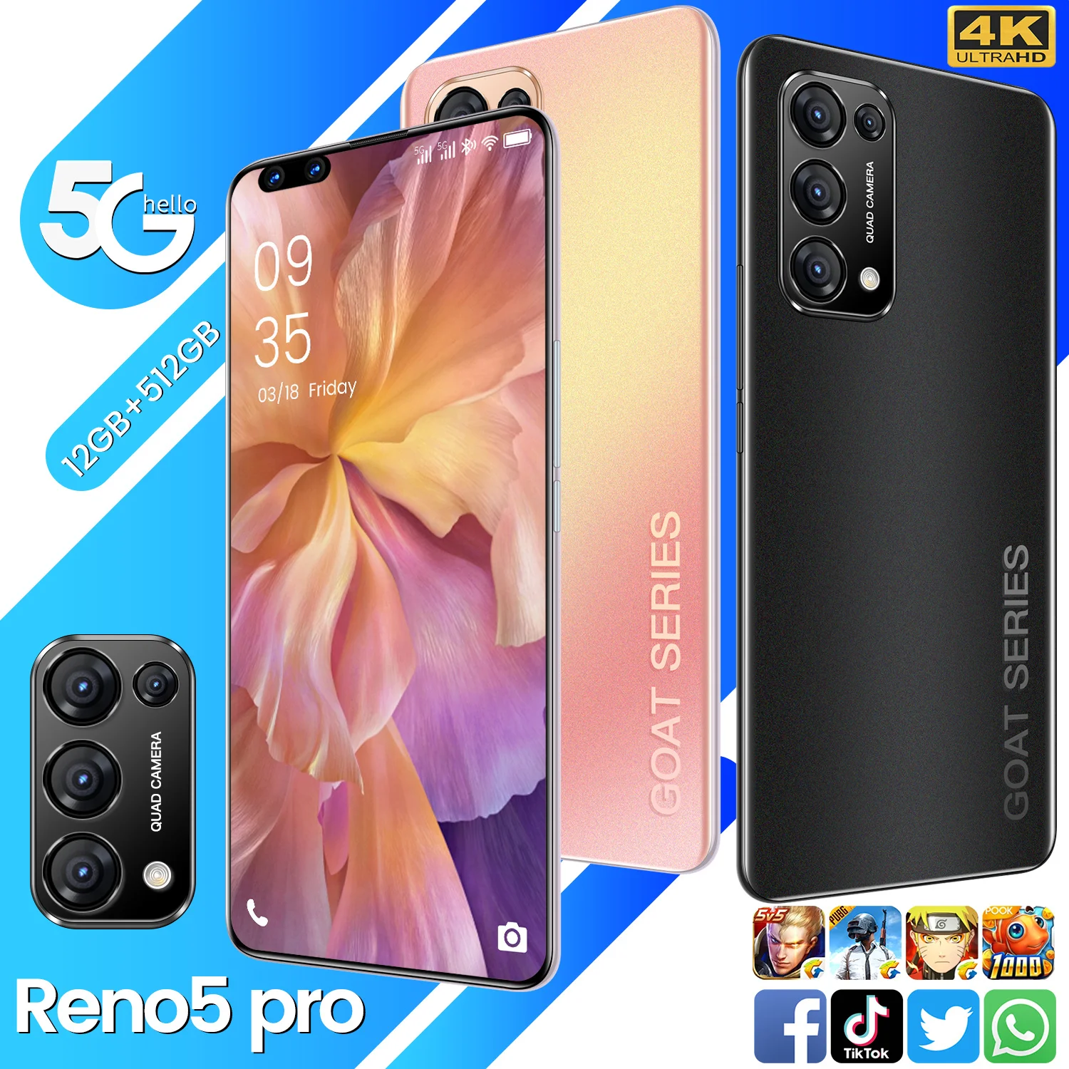

Global Version Reno5Pro 7.3 Inch Smartphone 5000mAh Android 10 12G+512G Unlocked 5G Network Cellphone Supports Google