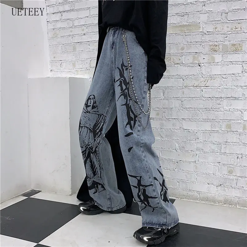 

gothic Women Harajuku Jeans Hippie Print Streetwear Korean Wide Leg Jeans Vintage Loose Trousers Women StreetwearY2K