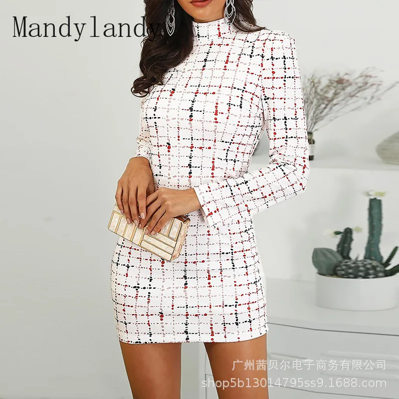

Осеннее платье Mandylandy для отдыха с длинным рукавом и высокой талией, платье с круглым вырезом, женское модное облегающее платье в клетку