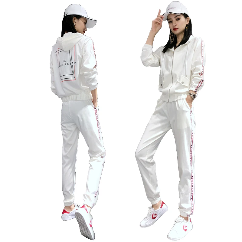 

Fitness suits for women White Sporting suit female autumn Lady clothes set Two piece set elegant women's Leisure Tracksuit 1687