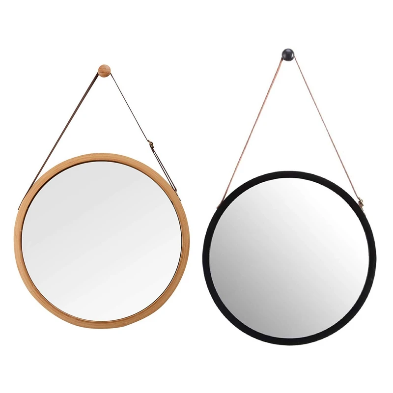 

2 х подвесное круглое настенное зеркало в ванной и спальне, твердая бамбуковая рамка и регулируемый кожаный ремешок (бамбук/черный, 15 дюймов)
