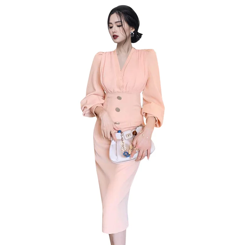 

New 2021 Women V-Neck Elegant Pink Bodycon Party Dress Long Sleeve Luxury Office Work Midi Dresses