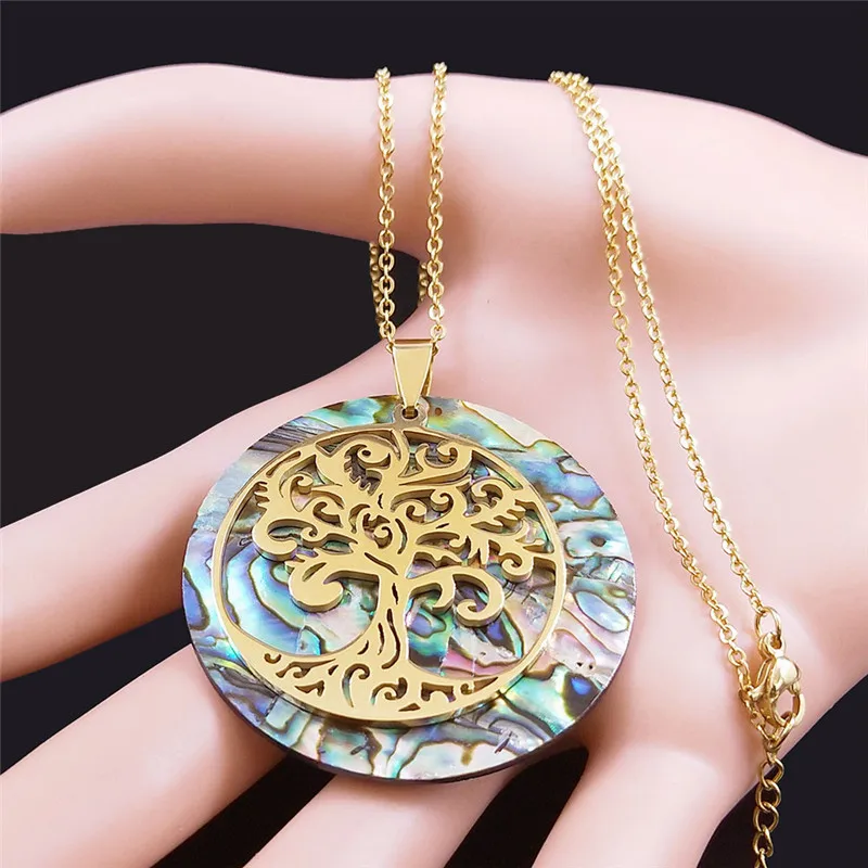 Ожерелье с абалоном из нержавеющей стали изображением Древа Жизни для женщин и