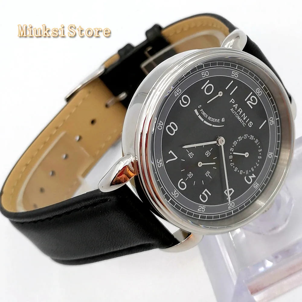 Новые Парнис 42 мм Серебристый футляр для часов Дата Кожаный автоматический
