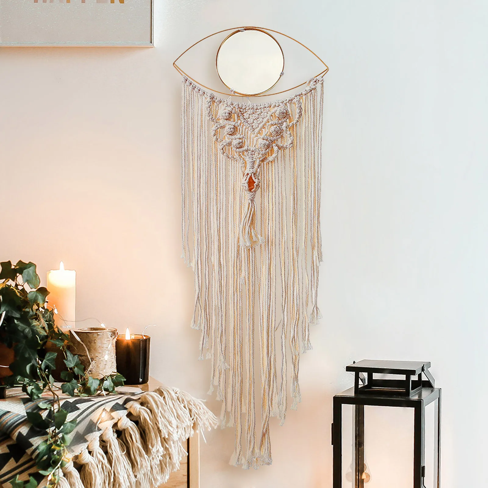 

Macrame Wall Hanging Dream Catcher Woven Tapestry Adornment With Mirror Boho Living Home Decoration Aesthetic Kawaii Room Decor