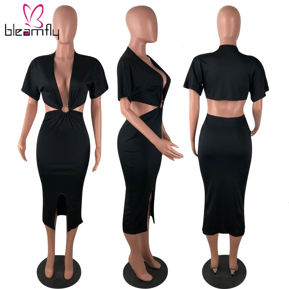 Новинка лета 2019 женское облегающее платье миди с коротким рукавом и глубоким v