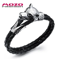 vintage male bracelets black leather rope chain stainless steel wolf head design man charm bangle ps1045