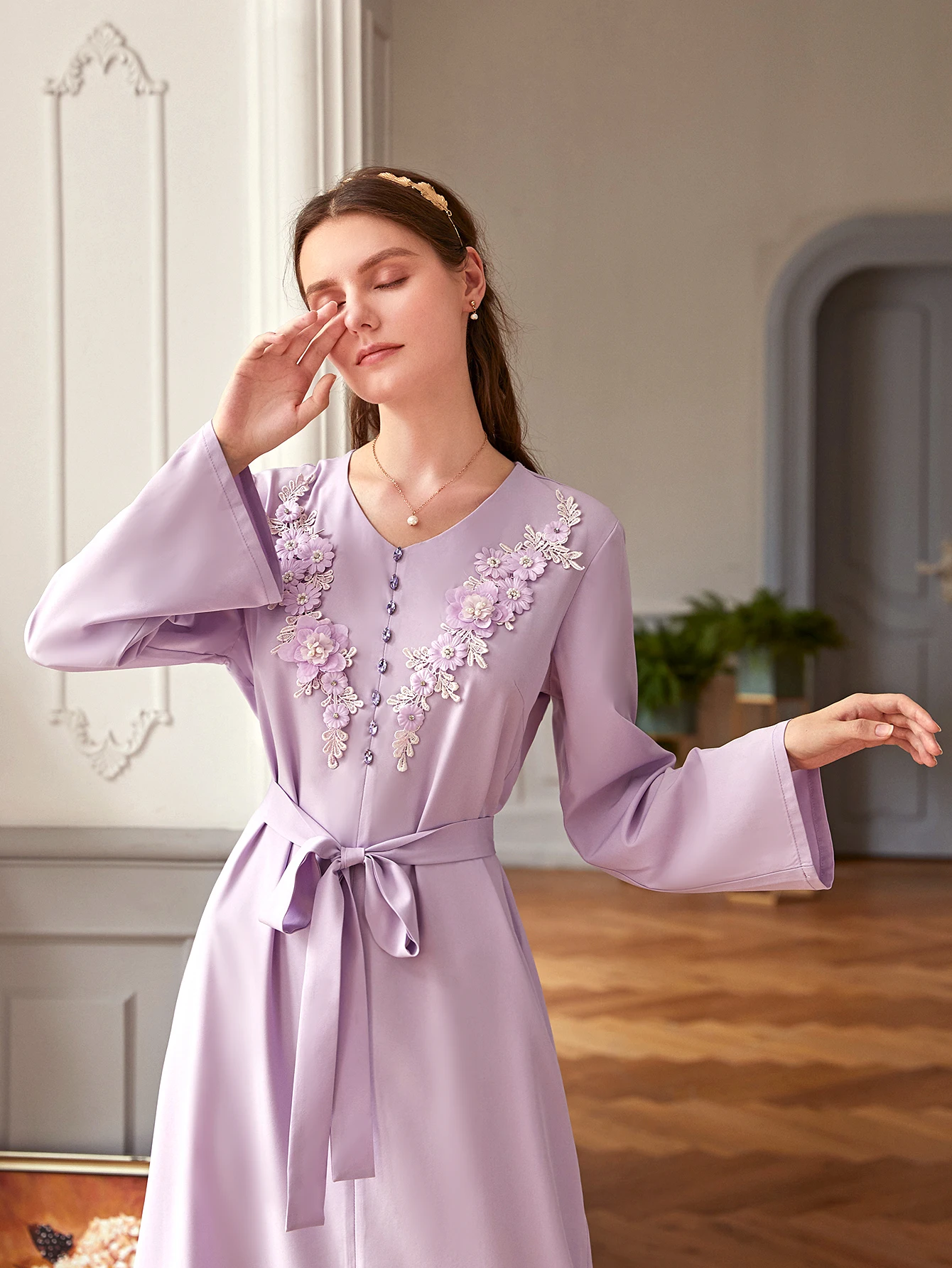 Платье мусульманское с вышивкой аппликацией и бисером полная длина Абая для