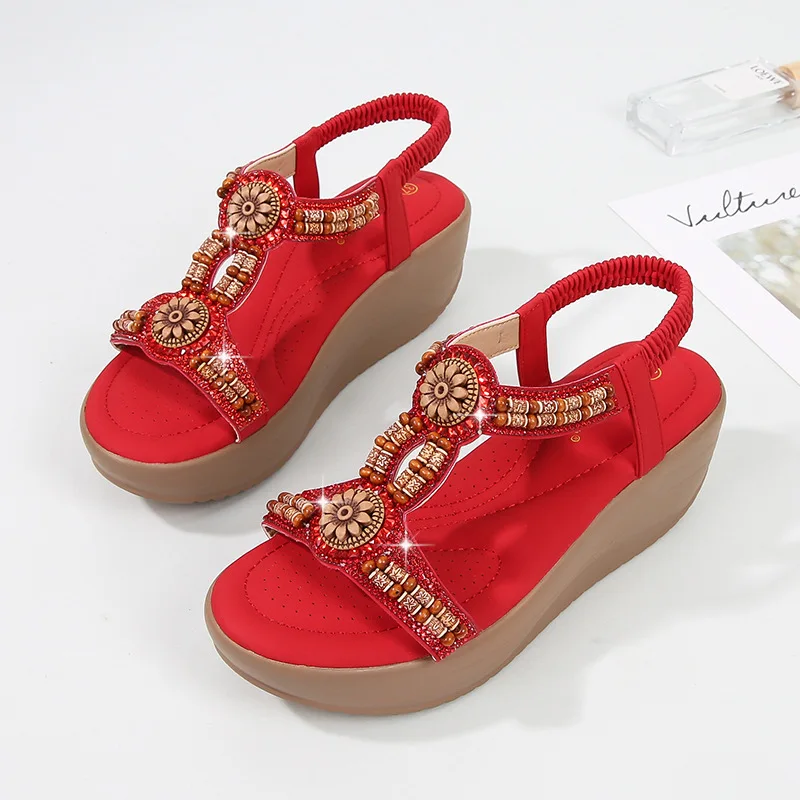 

New Bohemian Summer Women Sandals Fashion Platform Shoes Women PU Elastic Band Sandals Women Rhinestone Shoes Large Size 42