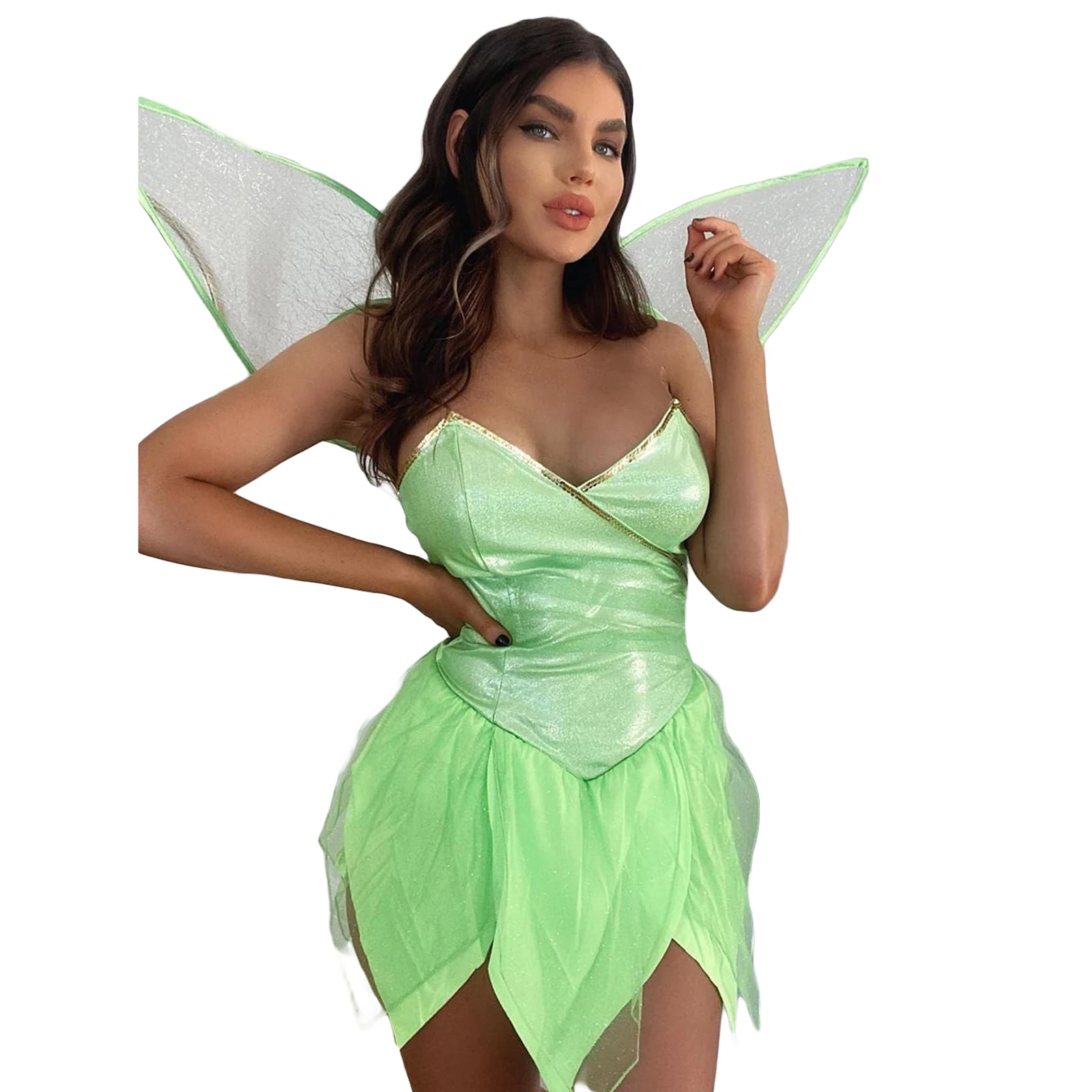 Ladies Halloween Forest Fairy Costume Sexy Solid Color V-neck Backless Sequin Tube Tops Irregular Ruffle Short Dress with Wings