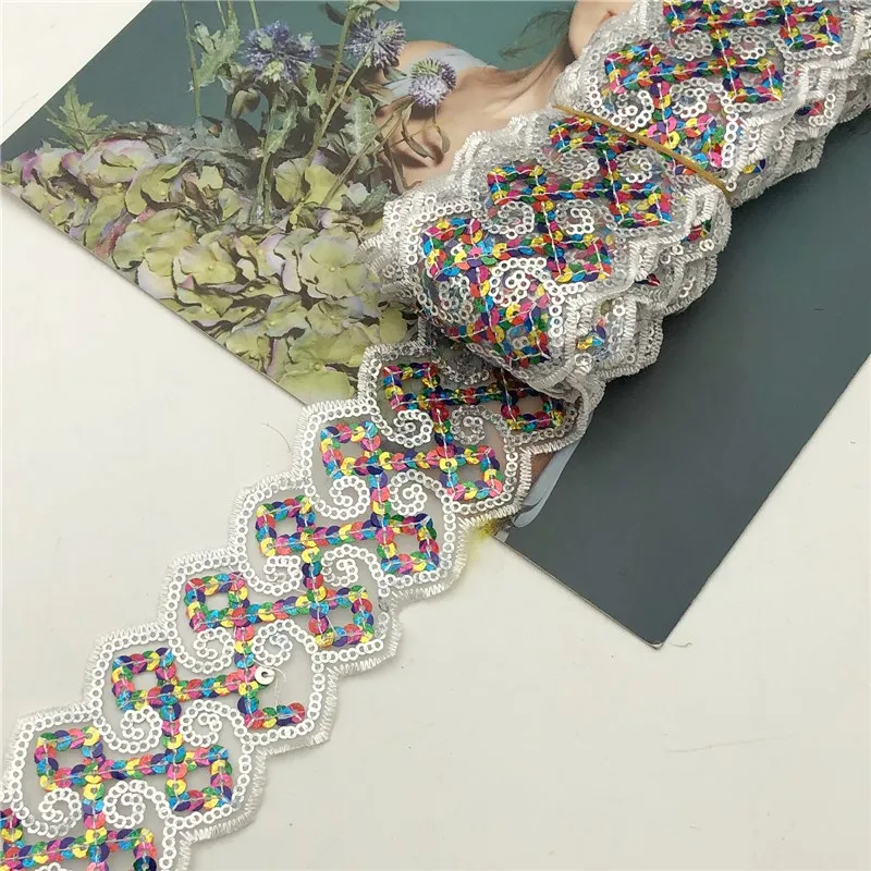 Недорогой Цветок с блестками ткань 30 ярдов 5 см в ширину украшенная металлическим