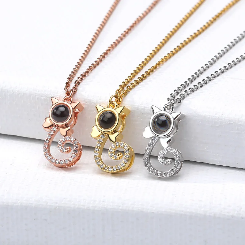 

100 Languages I Love You Projection Pendant Necklace Women Cute Animal Cat Necklace Jewelry Collier Femme Bijoux Friends Gifts