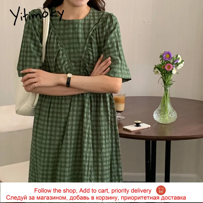 

Yitimoky Vintage Woman Dresses O-Neck Short Sleeve 2021 Summer Fashion Korean New Ruched Gingham Square Simple Out Wear Dress