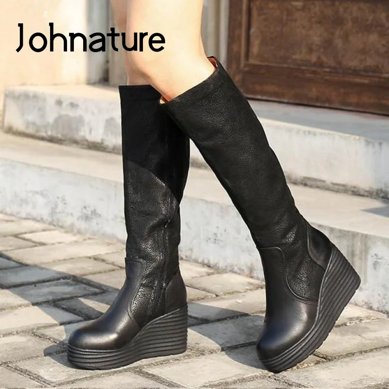 

Johnature Zip Winter Shoes Women Long Boots Genuine Leather 2022 New Handmade Round Toe Concise Leisure Fashion Platform Boots