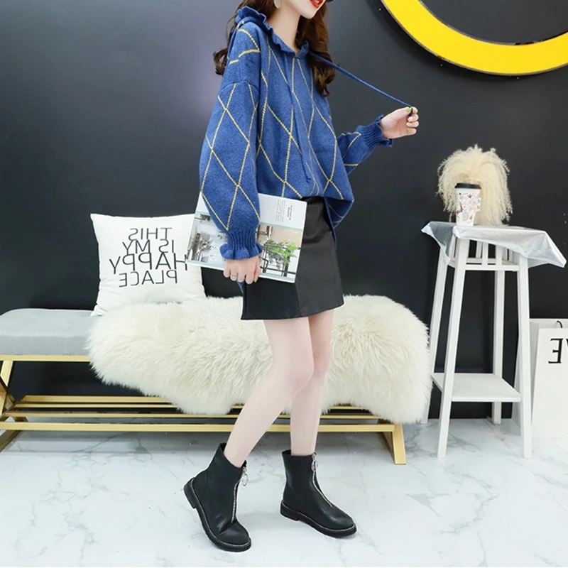 

Women Autumn Winter Long Sleeves Hooded Knitted Sweater Korean Style Solid Color Drawstring Ruffled Pullover Mid-length Loose Ju