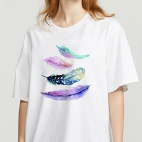 2021 new women t shirt feather graphic print short sleeve summer female tees korean woman white t shirt oversize clothing