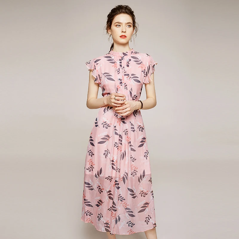 2021 летние платья элегантные модные Стенд воротник с короткими гофрированными